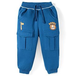 Babyhug Terry Knit Full Length Bear Printed Lounge Pant with Cargo Pockets - Navy Blue