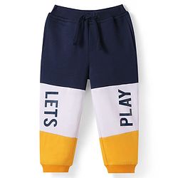 Babyhug Terry Knit Full Length Colour Block Lounge Pant with Text Print - Navy Blue Yellow & White
