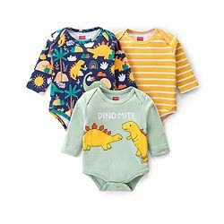 Babyhug 100% Cotton Knit Full Sleeves Onesies Striped & Dino Print  Pack of 3 - Navy & Yellow