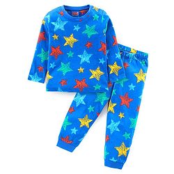 Babyhug Cotton Knit Full Sleeves Night Suit With Stars Print - Blue