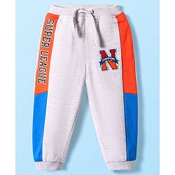 Babyhug French Terry Knit Full Length Track Pants with Text Print Cut & Sew Design - Light Grey