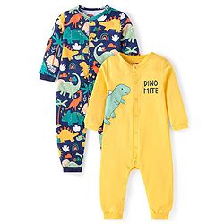 Babyhug 100% Cotton Knit Full Sleeves Front Open Rompers with Dino Print Pack of 2 - Yellow & Navy Blue