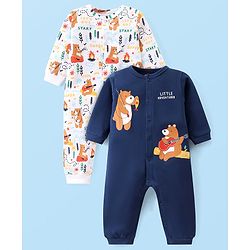Babyhug 100% Cotton Knit Full Sleeves Romper with Bear Print Pack of 2- Navy & White