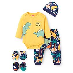 Babyhug 100% Cotton Knit Full Sleeves Dino Printed Onesies with Leggings  & Cap Pair of Mitten Booties - Yellow & Navy Blue
