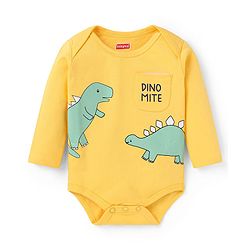 Babyhug 100% Cotton Knit Full Sleeves Dino Printed Onesies with Leggings  & Cap Pair of Mitten Booties - Yellow & Navy Blue