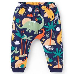 Babyhug 100% Cotton Knit Full Sleeves Dino Printed Onesies with Leggings  & Cap Pair of Mitten Booties - Yellow & Navy Blue