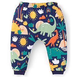 Babyhug 100% Cotton Knit Full Sleeves Dino Printed Onesies with Leggings  & Cap Pair of Mitten Booties - Yellow & Navy Blue