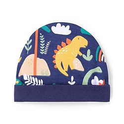 Babyhug 100% Cotton Knit Full Sleeves Dino Printed Onesies with Leggings  & Cap Pair of Mitten Booties - Yellow & Navy Blue