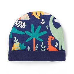 Babyhug 100% Cotton Knit Full Sleeves Dino Printed Onesies with Leggings  & Cap Pair of Mitten Booties - Yellow & Navy Blue