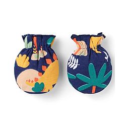 Babyhug 100% Cotton Knit Full Sleeves Dino Printed Onesies with Leggings  & Cap Pair of Mitten Booties - Yellow & Navy Blue