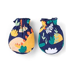 Babyhug 100% Cotton Knit Full Sleeves Dino Printed Onesies with Leggings  & Cap Pair of Mitten Booties - Yellow & Navy Blue