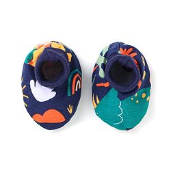 Babyhug 100% Cotton Knit Full Sleeves Dino Printed Onesies with Leggings  & Cap Pair of Mitten Booties - Yellow & Navy Blue