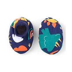 Babyhug 100% Cotton Knit Full Sleeves Dino Printed Onesies with Leggings  & Cap Pair of Mitten Booties - Yellow & Navy Blue