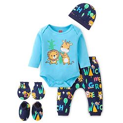 Babyhug 100% Cotton Knit Full Sleeves Onesies with Leggings  & Cap Mitten Booties Lion & Giraffe Print - Blue