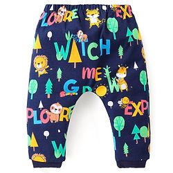 Babyhug 100% Cotton Knit Full Sleeves Onesies with Leggings  & Cap Mitten Booties Lion & Giraffe Print - Blue