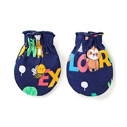 Babyhug 100% Cotton Knit Full Sleeves Onesies with Leggings  & Cap Mitten Booties Lion & Giraffe Print - Blue