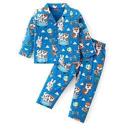 Babyhug Cotton Knit Full Sleeves Collared Night Suit With Animals Print - Blue