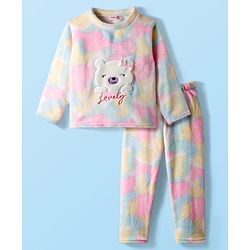 Babyhug Velour Knit Full Sleeves Winter Night Suit With Teddy Applique - Multicolor
