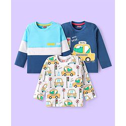Babyhug Cotton Knit Full Sleeves Cut & Sew T-Shirts with Vehicle Print Pack of 3 - White & Navy Blue