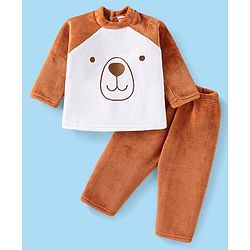 Babyhug Velour Knit Full Raglan Sleeves Winter Wear Night Suit with Teddy Embroidery -  Light Brown & Off White