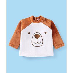 Babyhug Velour Knit Full Raglan Sleeves Winter Wear Night Suit with Teddy Embroidery -  Light Brown & Off White