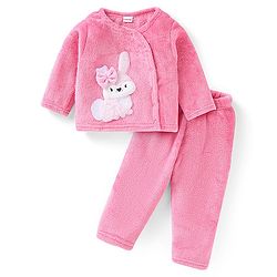 Babyhug Velour  Knit Full Sleeves Front Open Winter Wear Night Suit with Bunny Patch - Pink