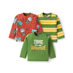 Babyhug Cotton Knit Full Sleeves T-Shirts with Text Print & Stripes Pack of 3 - Green Red & Yellow