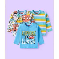 Babyhug Cotton Knit Full Sleeves  T-Shirt with  Vehicle Print Pack of 3 - Blue White & Yellow