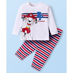 Babyhug Cotton Knit Full Sleeves Night Suit with Paw Patrol & Stripes Print - White