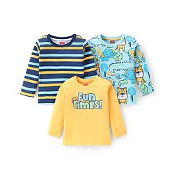 Babyhug Cotton Knit Full Sleeves Striped Text & Animal Printed T-Shirts  Pack of 3 - Yellow Navy & Blue