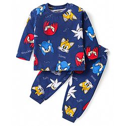 Babyhug Cotton Knit Full Sleeves Night Suit with  Sonic Print - Navy Blue