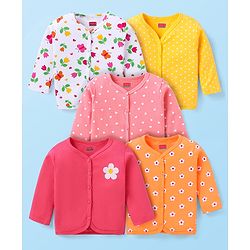 Babyhug 100% Cotton Knit Antibacterial Full Sleeves Front Open Vests with Floral Heart & Polka Dots Print Pack of 5 - Dark Pink Yellow & White