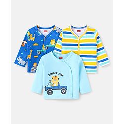 Babyhug 100% Cotton Knit Full Sleeves Front Open Anti Bacterial Vests with Stripes & Lion Print Pack of 3 - Blue