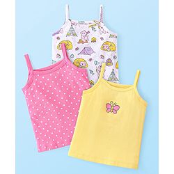 Babyhug 100% Cotton Knit Singlet Sleeves Antibacterial Slips With Polka Dots & Butterfly Print Pack of 3 - White Pink & Yellow