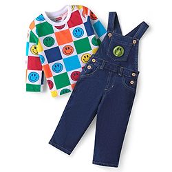 Babyhug Single Jersey Knit Full Sleeves Smiley Printed T-Shirt & Full Length Denim Dungaree - Navy Blue