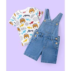 Babyhug Single Jersey Knit Half Sleeves Shark Printed T-Shirt & Dungaree - White & Blue