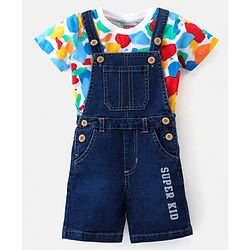 Babyhug Single Jersey Knit Dungaree with Half Sleeves T-Shirt Abstract & Text Print - Blue & White