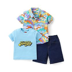 Babyhug Cotton Woven Half Sleeves Boat & Text Printed Shirt T-Shirt & Shorts Set - Navy &  Blue
