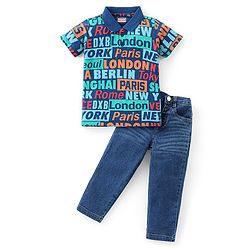 Babyhug Cotton Knit Half Sleeves Text Printed Polo T-Shirt & Denim Jeans Set - Blue