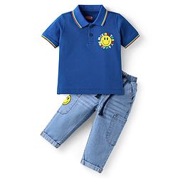 Babyhug Single Jersey Knit Half Sleeves T-Shirt with Denim Jeans Set Smiley Print - Blue