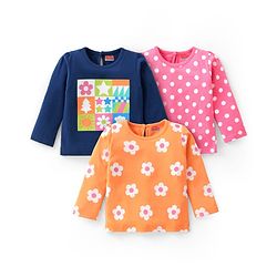 Babyhug Cotton Knit Full Sleeves T-Shirt with Floral & Polka Dots Print Pack of 3 - Navy Blue  Pink & Orange