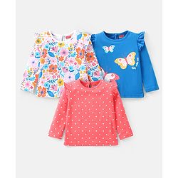 Babyhug Cotton Knit Full Sleeves Top with Floral & Polka Dots Print Pack of 3 - Pink Blue & Dark Pink