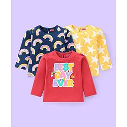 Babyhug Cotton Knit Full Sleeves Tops with Star & Text Print Pack of 3 - Navy Yellow & Red