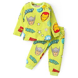 Babyhug Marvel Single Jersey Knit Full Sleeves Night Suit With Avengers Graphics - Limegreen