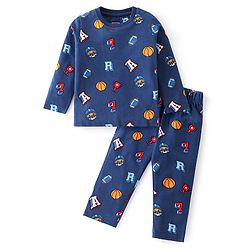 Babyhug Cotton Knit Full Sleeves Night Suit with Animal & Baksetball Print - Navy Blue