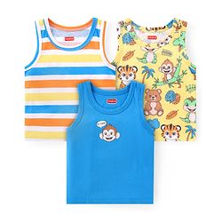 Babyhug 100% Cotton Sleeveless Antibacterial Sandos Striped & Cub Print Pack of 3 - Yellow White & Blue