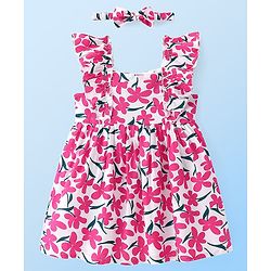 Babyhug Woven Frill Sleeves Frock with Headband & Floral Print - Pink