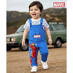 Babyhug Marvel Single Jersey Knit Half Sleeves T-Shirt & Dungaree with Text & Avenger Graphics - Blue