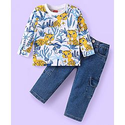 Babyhug Single Jersey Knit Full Sleeves Cheetah Printed T-Shirt & Solid Denim Jeans Set - White & Blue