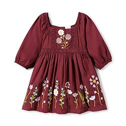 Babyhug Cotton Woven Three Fourth Sleeves Frock with Floral Embroidery & Lace Detailing - Wine